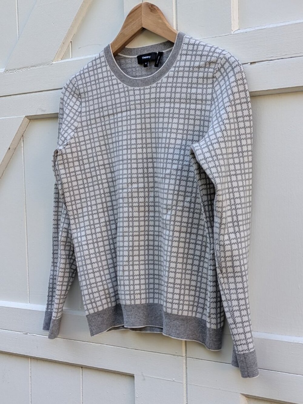 Theory Grey White Jacquard Houndstooth Lattice Jaidyn Crewneck Sweater M